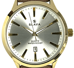 Slava Time Pánské hnědé elegantní hodinky SLAVA ve zlatém pouzdře SLAVA 10074