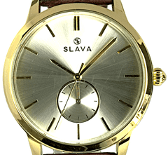 Slava Time Pánské zlaté elegantní hodinky SLAVA se stříbrným ciferníkem SLAVA 10141