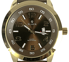 Slava Time Pánské masivní hodinky SLAVA černo-zlaté s ciferníkem 49 mm a hnědým řemínkem SLAVA 10112