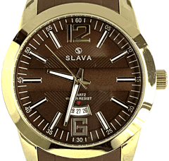 Slava Time Pánské hnědo-zlaté hodinky SLAVA se silikonovým řemínkem SLAVA 10119