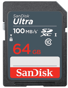 Sandisk SDXC Ultra 64GB 100MB/s (SDSDUNR-064G-GN3IN kapacita 64 GB přenosová rychlost 100 MB/s Full HD kvalita odolná