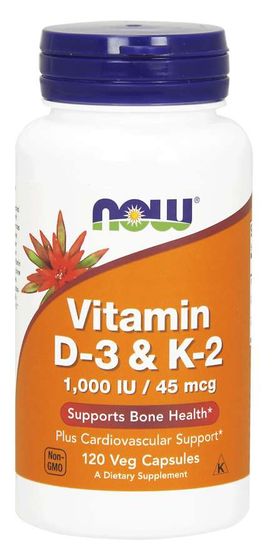 NOW Foods Vitamin D3 & K2, 1000 IU / 45 ug, 120 rostlinných kapslí