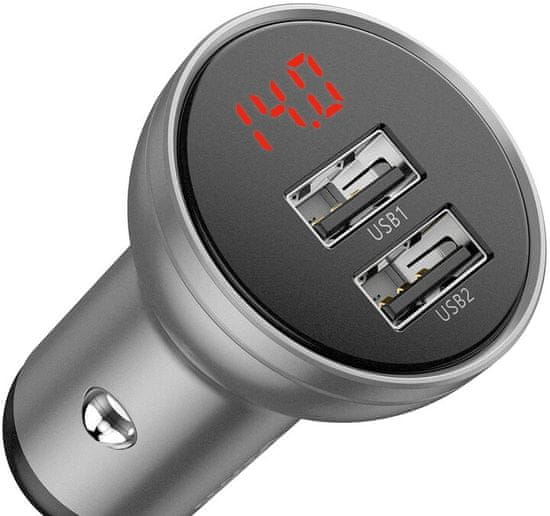 BASEUS Duální USB adaptér do automobilu s displejem 4,8 A 24 W CCBX-0S, stříbrná