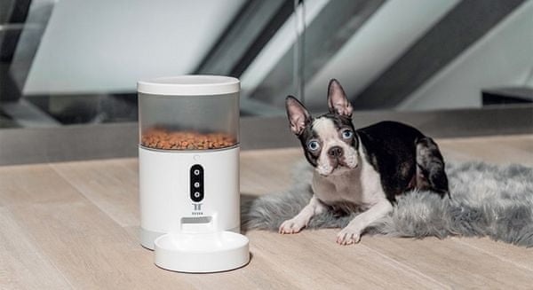 Tesla Smart Feeder šikovný dávkovač suchého kŕmenia granule mačka pes ovládanie kŕmenie na diaľku mobilné aplikácie záložnej batérie tlačidlo Feed manuálny vydanie porcie pestúnka biela farba záložný zdroj energie plánovaní kŕmenie čas porcie