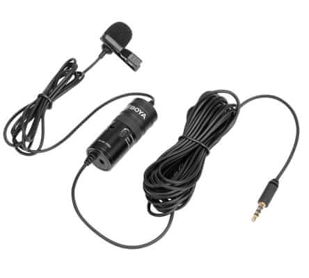 lavalierový duální mikrofon boyaby-m1 pro 3,5mm jack 4m kabel mobilní žurnalistika vlogy youtube videa nenápadný design nadčasový bateriové napájení klips pro připevnění na oděv kondenzátorový převodník