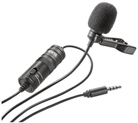 lavalierový duální mikrofon boyaby-m1 v1 3,5mm jack 4m kabel mobilní žurnalistika vlogy youtube videa nenápadný design nadčasový bateriové napájení klips pro připevnění na oděv kondenzátorový převodník