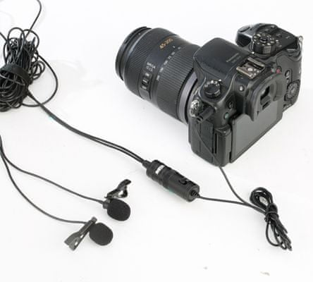 lavalierový duální mikrofon boya BY-M1DM 3,5mm jack 4m kabel mobilní žurnalistika vlogy youtube videa nenápadný design nadčasový bateriové napájení klips pro připevnění na oděv kondenzátorový převodník