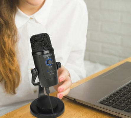 kvalitní stolní mikrofon boya BY-PM500 micro usb c mute tlačítko gain potenciometr konstrukce skládací  podcasting vlogging video konference nahrávání vokálů i nástrojů kardioidní všesměrový režim