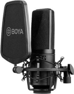 kvalitní kondenzátorový mikrofon boya by-m1000 xlr připojení celokovová konstrukce skládací 34mm membrána podcasting vlogging video konference nahrávání vokálů i nástrojů kardioidní všesměrový obousměrný režim