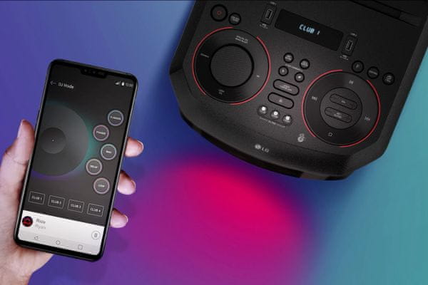 párty karaoke reproduktor lg on5 led světelná show dj efekty ovládání aplikací z mobilu Bluetooth technologie usb nahrávání i přehrávání fm dab plus tuner vstup pro mikrofon silný zvuk s tepajícími basy optický vstup podpora mp3 wma ekvalizér