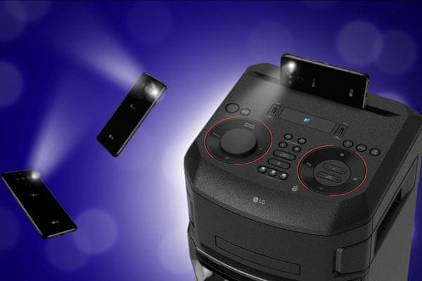 párty karaoke reproduktor lg on5 led světelná show dj efekty ovládání aplikací z mobilu Bluetooth technologie usb nahrávání i přehrávání fm dab plus tuner vstup pro mikrofon silný zvuk s tepajícími basy optický vstup podpora mp3 wma ekvalizér