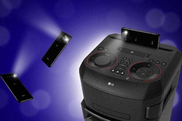 párty karaoke reproduktor lg on9 led světelná show dj efekty ovládání aplikací z mobilu Bluetooth technologie usb nahrávání i přehrávání fm dab plus tuner vstup pro mikrofon silný zvuk s tepajícími basy optický vstup podpora mp3 wma ekvalizér