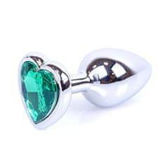 Boss Series Boss Series Jewellery Silver Heart Plug Green - stříbrný anální kolík s drahokamem ve tvaru srdce 7 x 2,7 cm