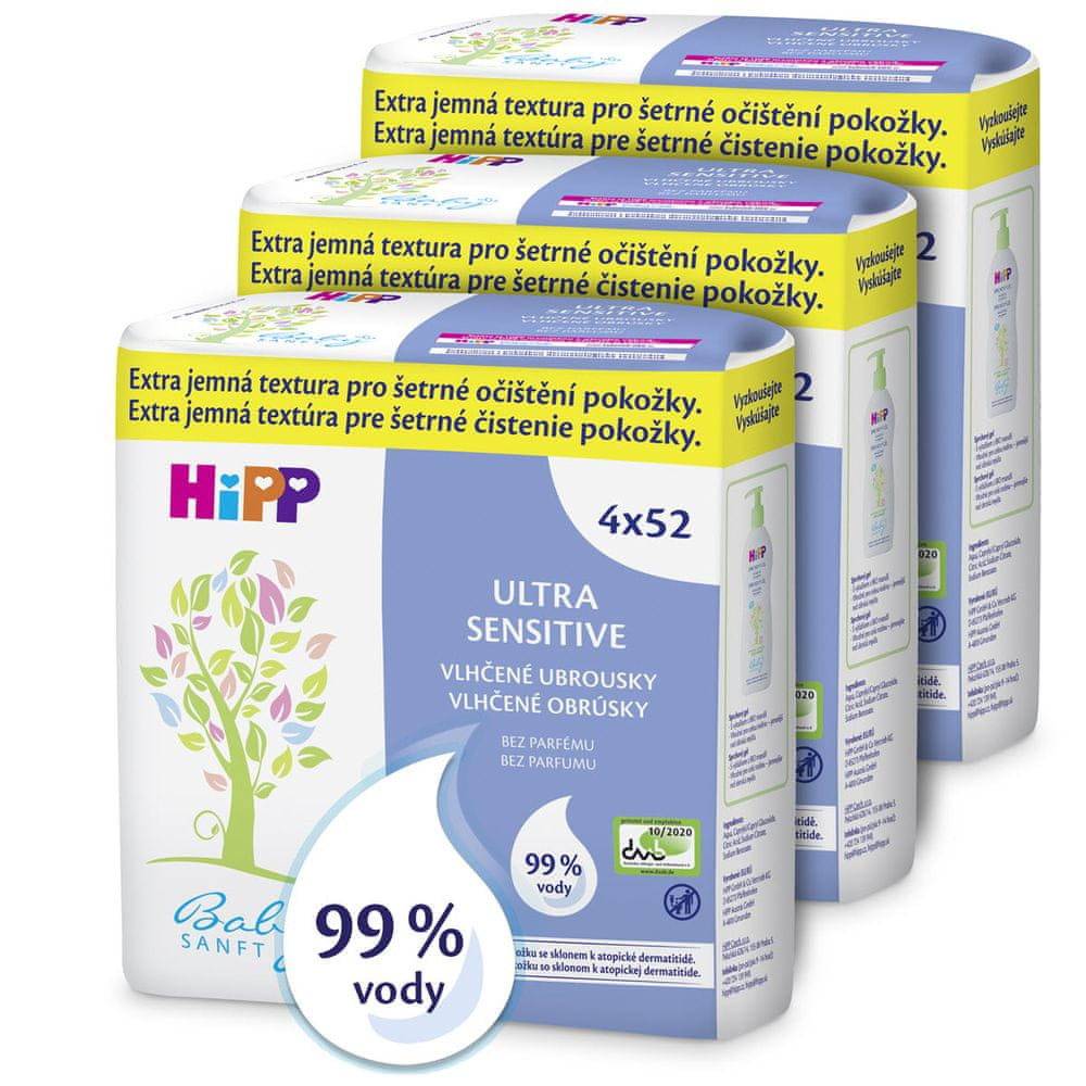 HiPP Babysanft Vlhčené ubrousky Ultra Sensitive, 3x (4x52ks)