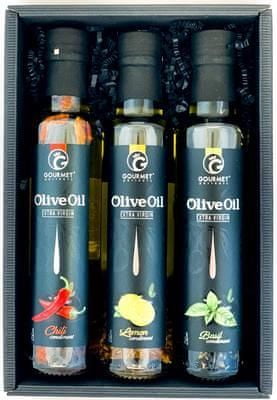 GOURMET PARTNERS Triáda olivových olejů s příchutí: bazalka, citron, chilli 3x250ml.