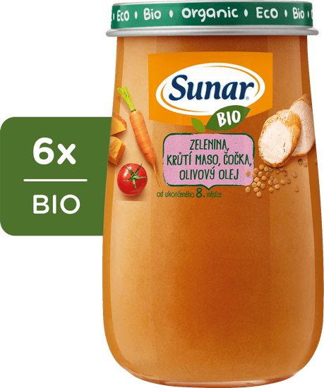 Sunar BIO příkrm zelenina, krůtí maso, čočka, olivový olej 6 x 190 g