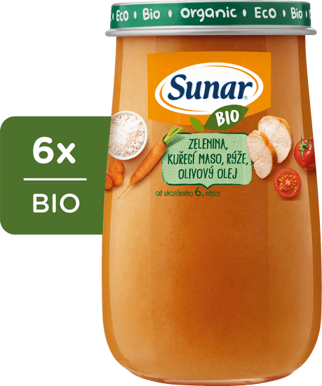 Sunar BIO příkrm zelenina, kuřecí maso, rýže, olivový olej 6 x 190 g
