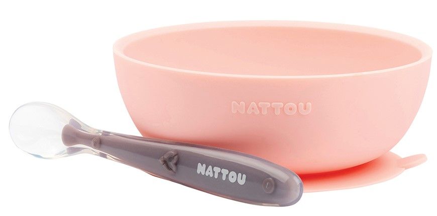 Levně Nattou Set jídelní silikonový 2 ks miska a lžička růžový bez BPA