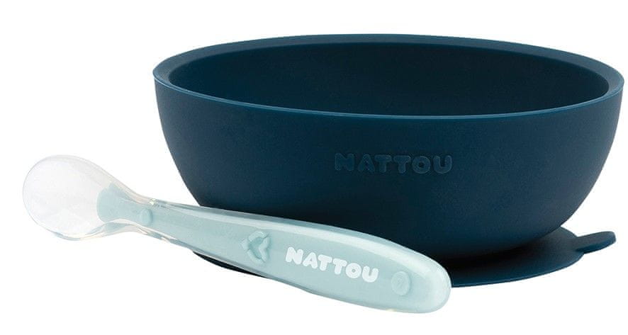 Nattou Set jídelní silikonový 2 ks miska a lžička modrý bez BPA