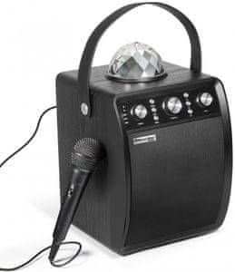 moderní přenosný reproduktor technaxx disco reproduktor bt-x53 s diskotékovým osvětlením výborný zvuk výkon 30 w kvalitní převodník microSD usb aux in fm rádio mikrofon pro karaoke v balení dva mikrofonní vstupy pro zpívání duetů