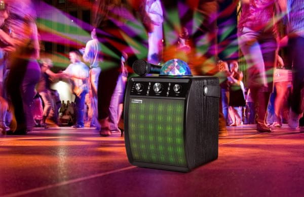 moderní přenosný reproduktor technaxx disco reproduktor bt-x53 s diskotékovým osvětlením výborný zvuk výkon 30 w kvalitní převodník microSD usb aux in fm rádio mikrofon pro karaoke v balení dva mikrofonní vstupy pro zpívání duetů