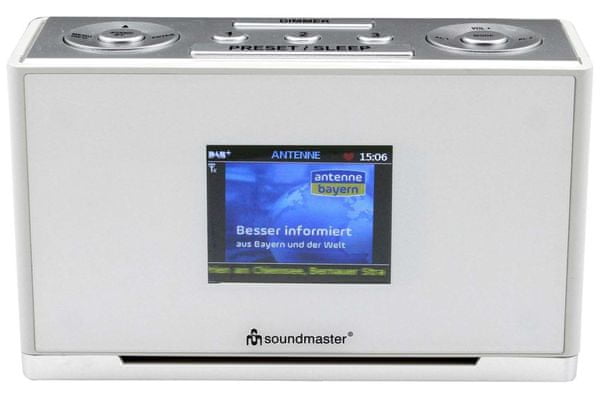  moderný rádiobudík Soundmaster ur240sw stmievateľný veľký farebný displej výstup pre slúchadlá skvelý zvuk budenie alarmom budenie rozhlasovou stanicou fm dab plus tuner predvoľby snooze sleep funkcia 