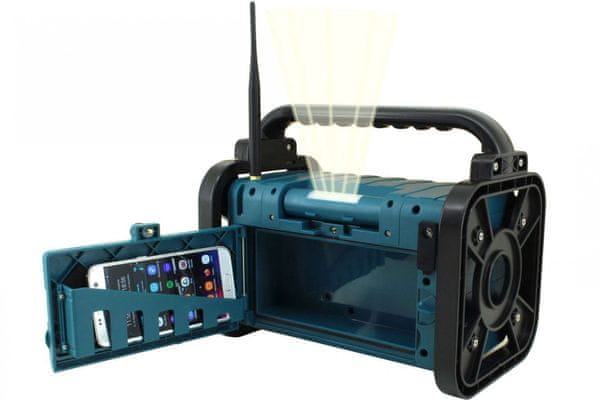  moderný rádioprijímač Soundmaster dab80 extra odolné prevedenie IP44 ekvalizér 5w rms výkon li-ion batéria gumová anténa úložný box pre mobil fm dab plus tuner lcd displej aux in vstup 