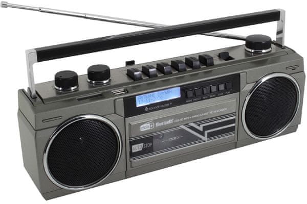  moderní radiomagnetofon soundmaster boombox  SRR70TI lcd displej budík sleep snooze rms výkon 3w baterie elektrické napájení usb port aux in