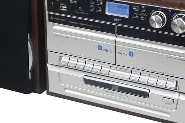 moderní mikrosystém s retro designem soundmaster MCD5550SW cd mechanika gramofon aux in usb nahrávání přehrávání Bluetooth technologie fm dam tuner skvělý zvuk hudební výkon 4 w 