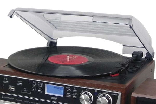  moderní mikrosystém s retro designem soundmaster MCD5550SW cd mechanika gramofon aux in usb nahrávání přehrávání Bluetooth technologie fm dam tuner skvělý zvuk hudební výkon 4 w 