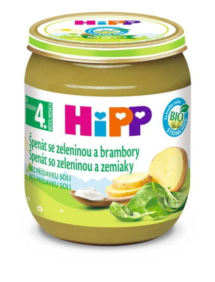 HiPP BIO Špenát se zeleninou a bramborami od uk. 4. měsíce, 6 x 125 g
