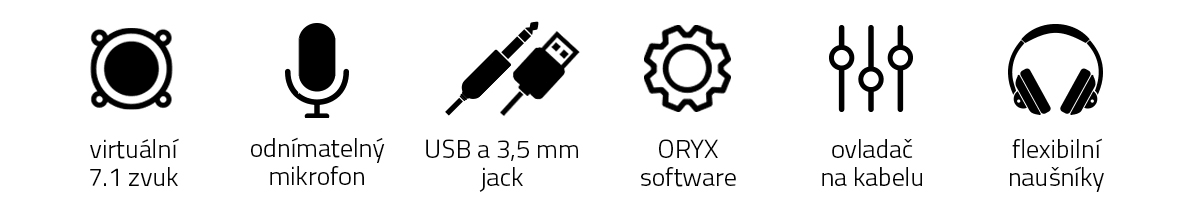 Niceboy ORYX X700 Legend, odnímatelný mikrofon, připojení USB 3,5mm jack, software Oryx, pohodlné nastavitelné náušníky ovladač na kabelu