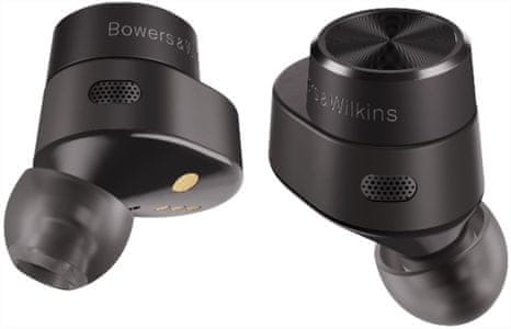 moderní špuntová sluchátka bowers wilkins pi5 bluetooth aptx usb-c bezdrátové nabíjení výdrž 4,5 h celkem 24,5 h voděodolná potuodolná anc technologie potlačení šumu příjemná v uších rychlonabíjení
