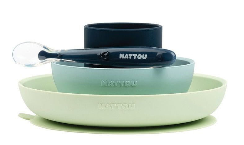 Nattou Set jídelní silikonový 4 ks zeleno-modrý bez BPA