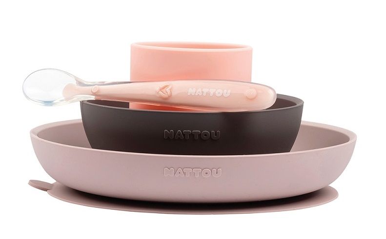 Levně Nattou Set jídelní silikonový 4 ks růžovo-fialový bez BPA
