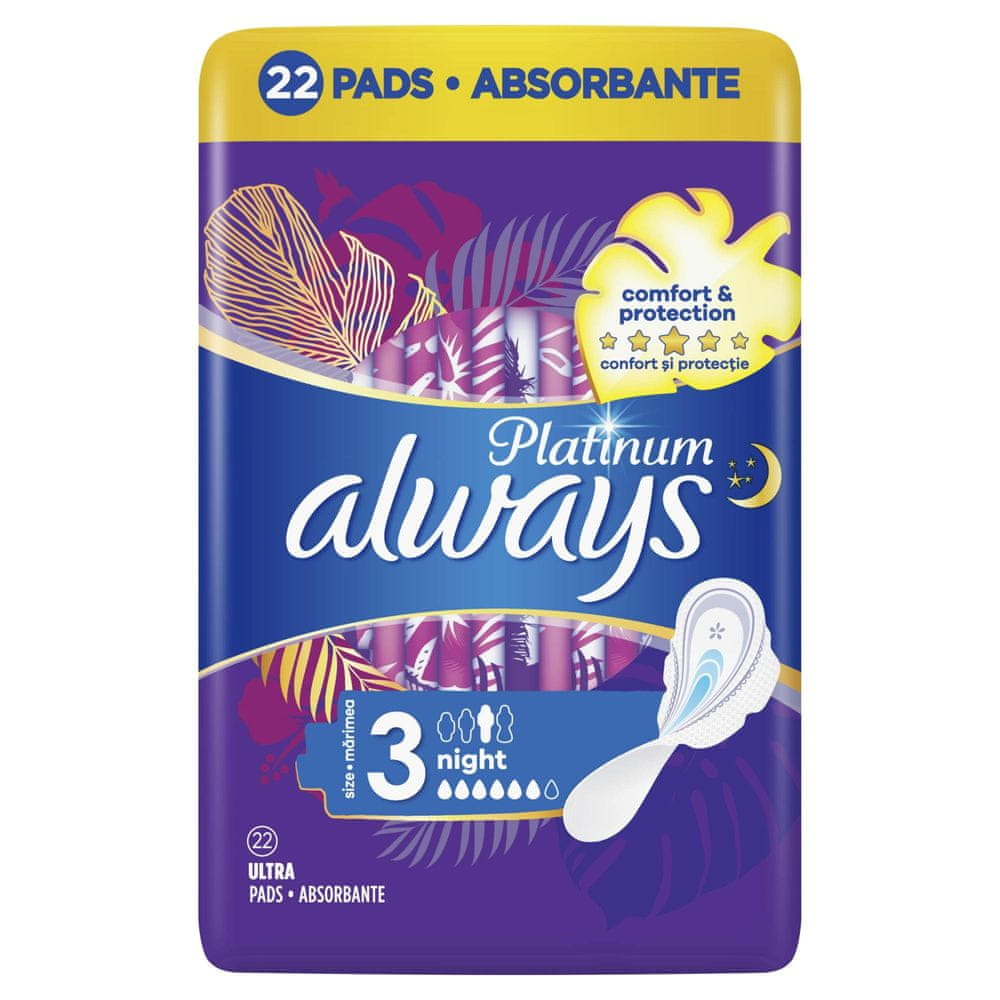 Levně Always Platinum Night (Velikost 3) Hygienické Vložky S Křidélky 22 ks