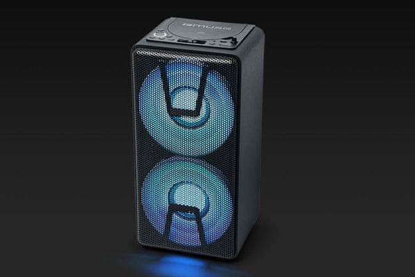  moderní reproduktor nejen na párty muse m-1820dj skvělý zvuk výstupní výkon 150 w stereo párování led displej mikrofon pro karaoke světelné efekty aux in Bluetooth usb port cd mechanika vestavěná nabíjecí baterie 