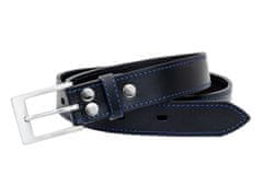 TLW Černý kožený opasek PREMIUM s nerezovou sponou o šíři 35mm, modré šití, 120cm, zkracovatelný