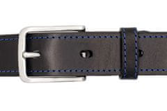 TLW Černý kožený opasek PREMIUM s nerezovou sponou o šíři 35mm, 120cm, zkracovatelný, modré šití