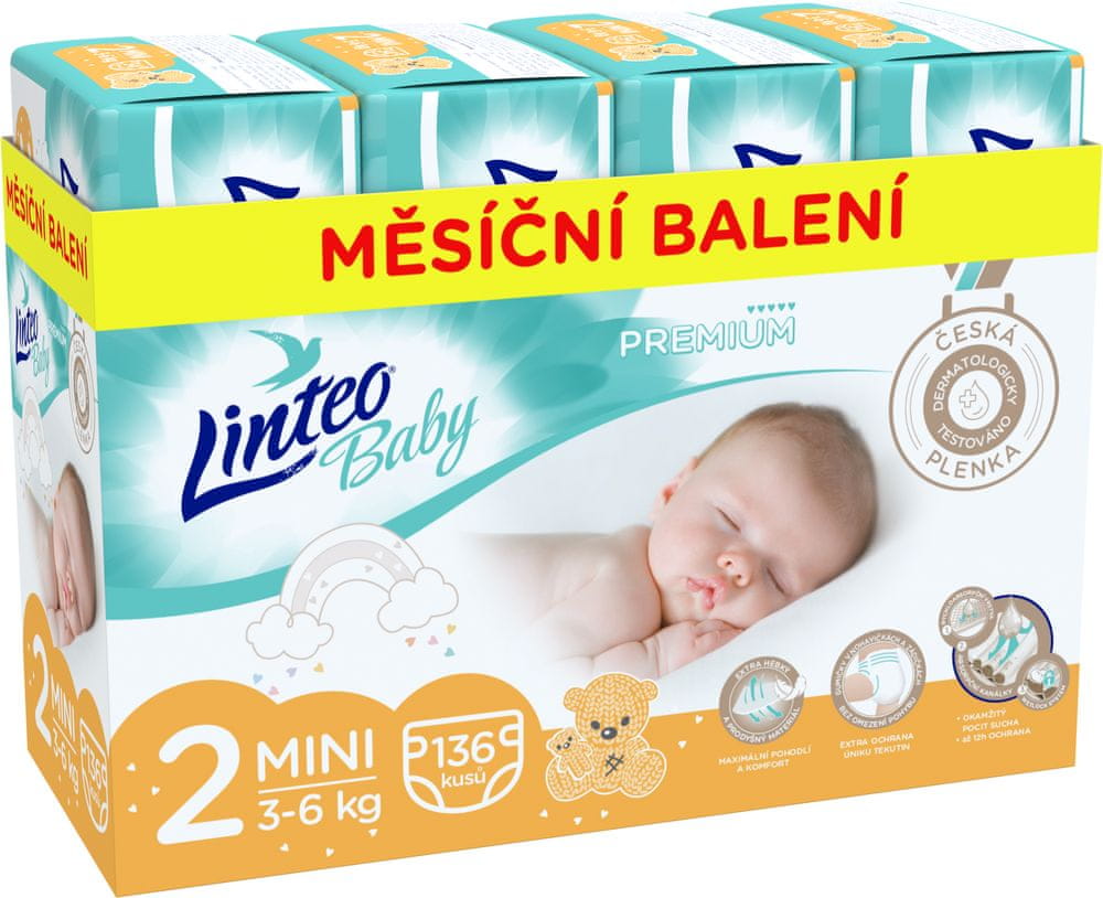 Levně LINTEO Plenky Baby Prémium MINI (3-6 kg) 136 ks