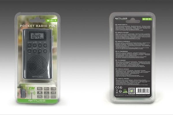 klasický radiopřijímač muse M-03R fm tunerylcd displej dobrý zvuk sluchátkový výstup napájení z baterií alarm snooze sleep fm anténa