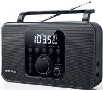 klasický radiopřijímač muse M-091R fm tunery 2pásmový dobrý zvuk sluchátkový výstup napájení z baterií aux in vstup rukojeť snooze budík sleep hodiny