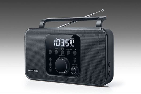  klasický radiopřijímač muse M-091R fm tunery 2pásmový dobrý zvuk sluchátkový výstup napájení z baterií aux in vstup rukojeť snooze budík sleep hodiny