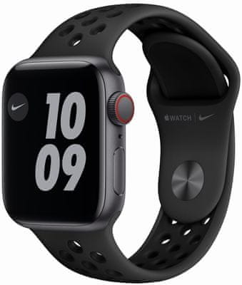 Chytré hodinky Apple Watch Nike Cellular SE (MYYF2HC/A, Retina displej stále zapnutý EKG monitorování tepu srdeční činnosti hudební přehrávač volání notifikace NFC platby Apple Pay hluk App Store eSIM komunikace bez přítomnosti telefonu