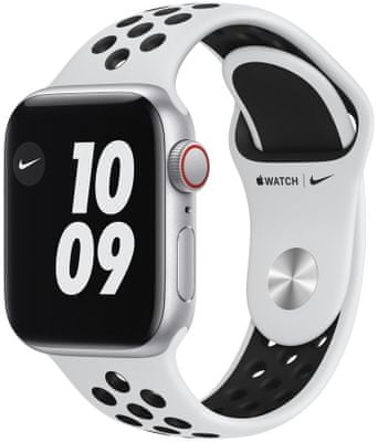 Chytré hodinky Apple Watch Nike Cellular SE Retina displej stále zapnutý EKG monitorování tepu srdeční činnosti hudební přehrávač volání notifikace NFC platby Apple Pay hluk App Store eSIM komunikace bez přítomnosti telefonu 40mm