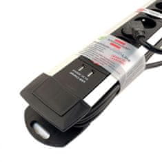 Prodlužovací kabel 6-zásuvkový, Premium-Alu-Line s USB nabíječkou 3m