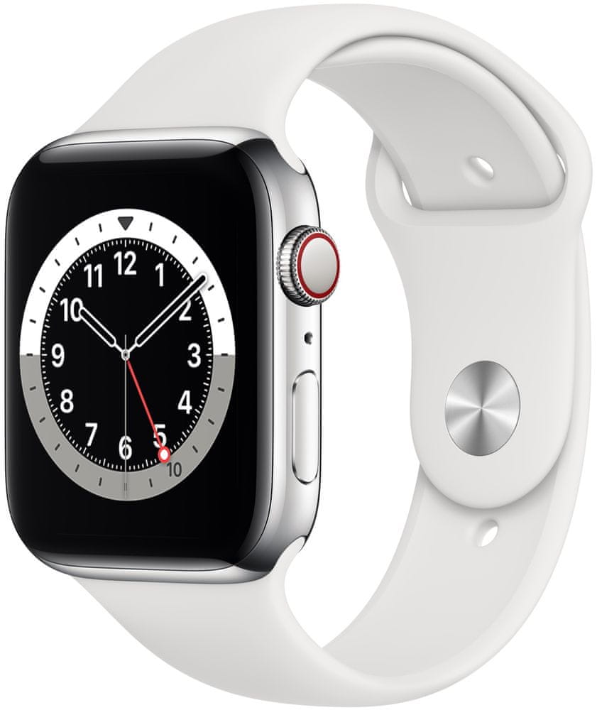 Apple Watch Series 6 Cellular, 44mm Silver Stainless Steel Case with White Sport Band