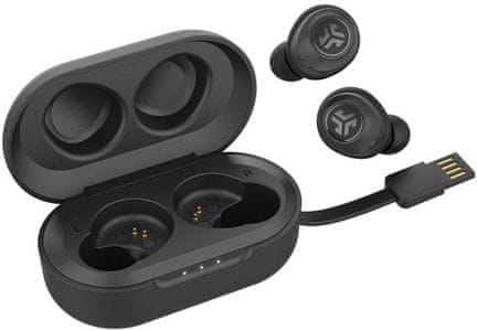 moderní Bluetooth sluchátka jlab air true wireless s ekvalizérem čistý zvuk skvělý výkon dlouhá výdrž nabíjecí box s kabelem nízká hmotnost dotykové senzory