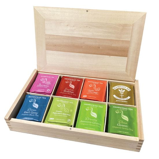 Hampstead Tea London luxusní přírodní dřevěná kazeta mix BIO sáčkových čajů 80ks 8 druhů