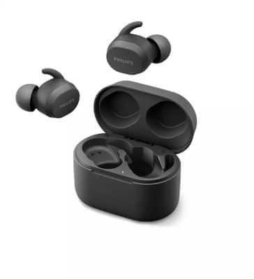  moderní Bluetooth sluchátka philips tat3216 podpora hlasových asistentů odolná vodě nabíjecí box dlouhá výdrž pohodlná v uších výkonné měniče dotykové ovládání handsfree funkce moderní design 